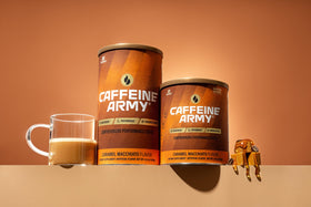 CAFFEINE ARMY Caramel Macchiato packaging on shelf signals gluten-free formula.