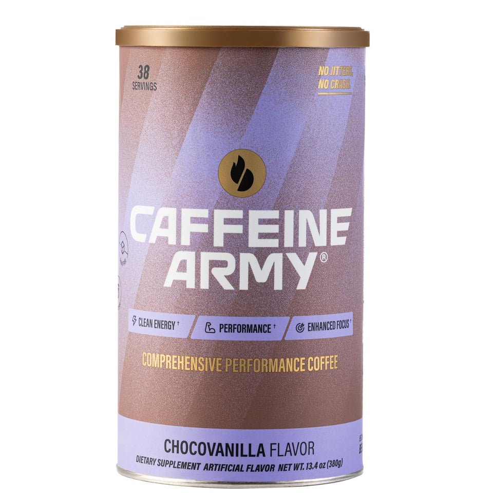 CAFFEINE ARMY ChocoVanilla bottle closeup showing smooth energy on the go.