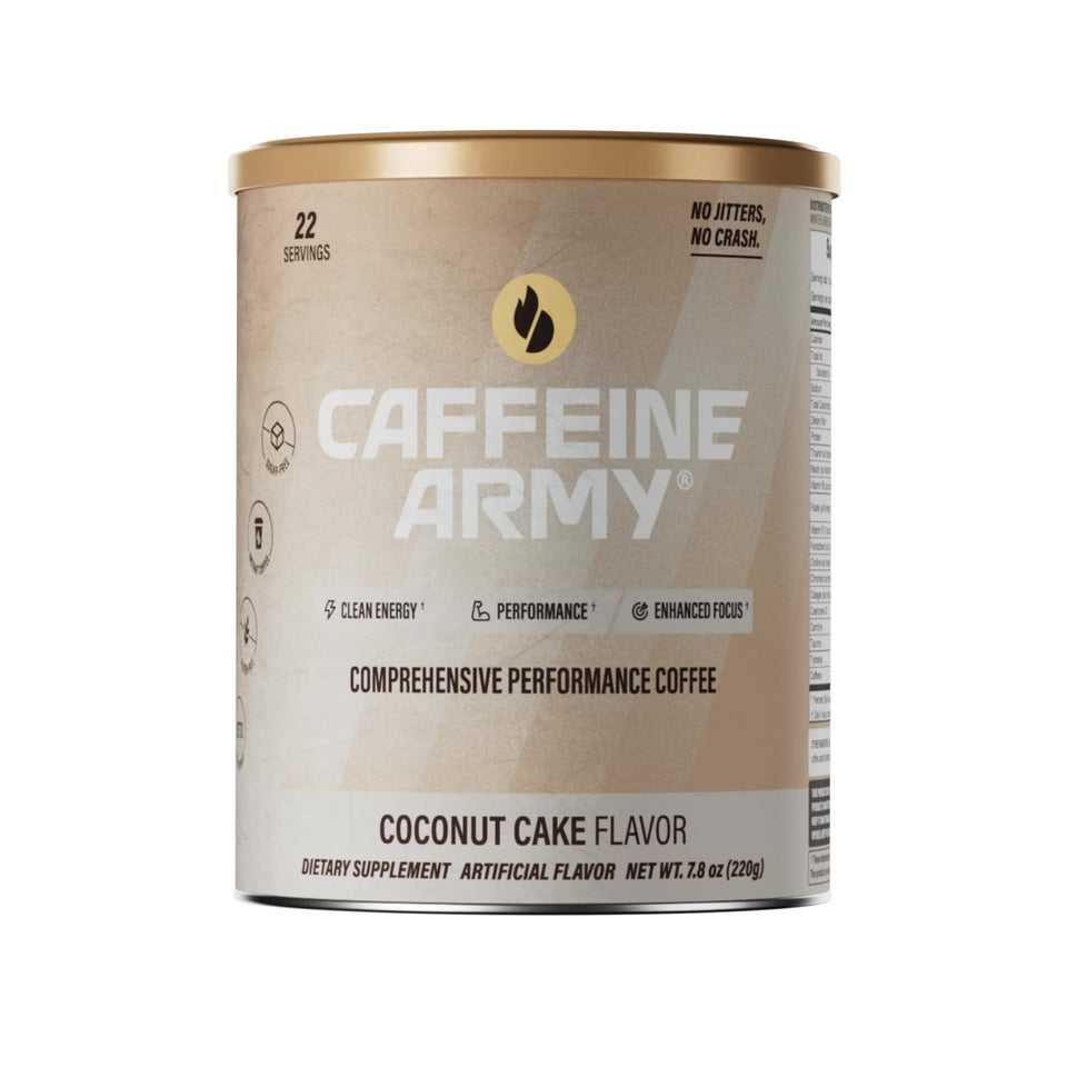 CAFFEINE ARMY Coconut Cake packaging highlights a clean-energy formula for daily focus.