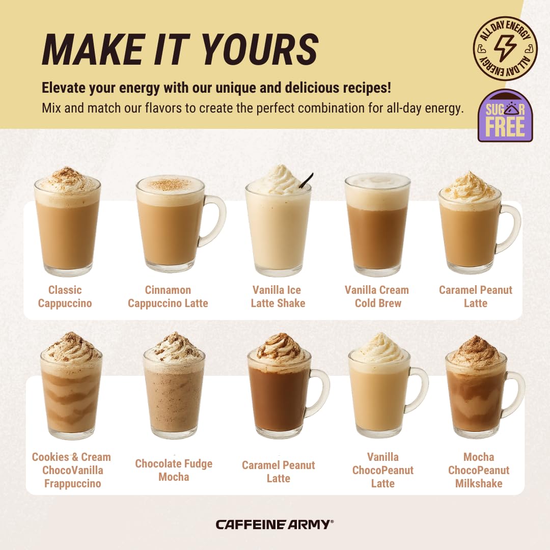 CAFFEINE ARMY Vanilla Latte ingredient panel includes CoQ10 for energy balance potential