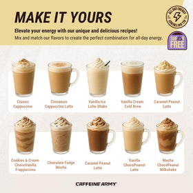 CAFFEINE ARMY Vanilla Latte ingredient panel includes CoQ10 for energy balance potential