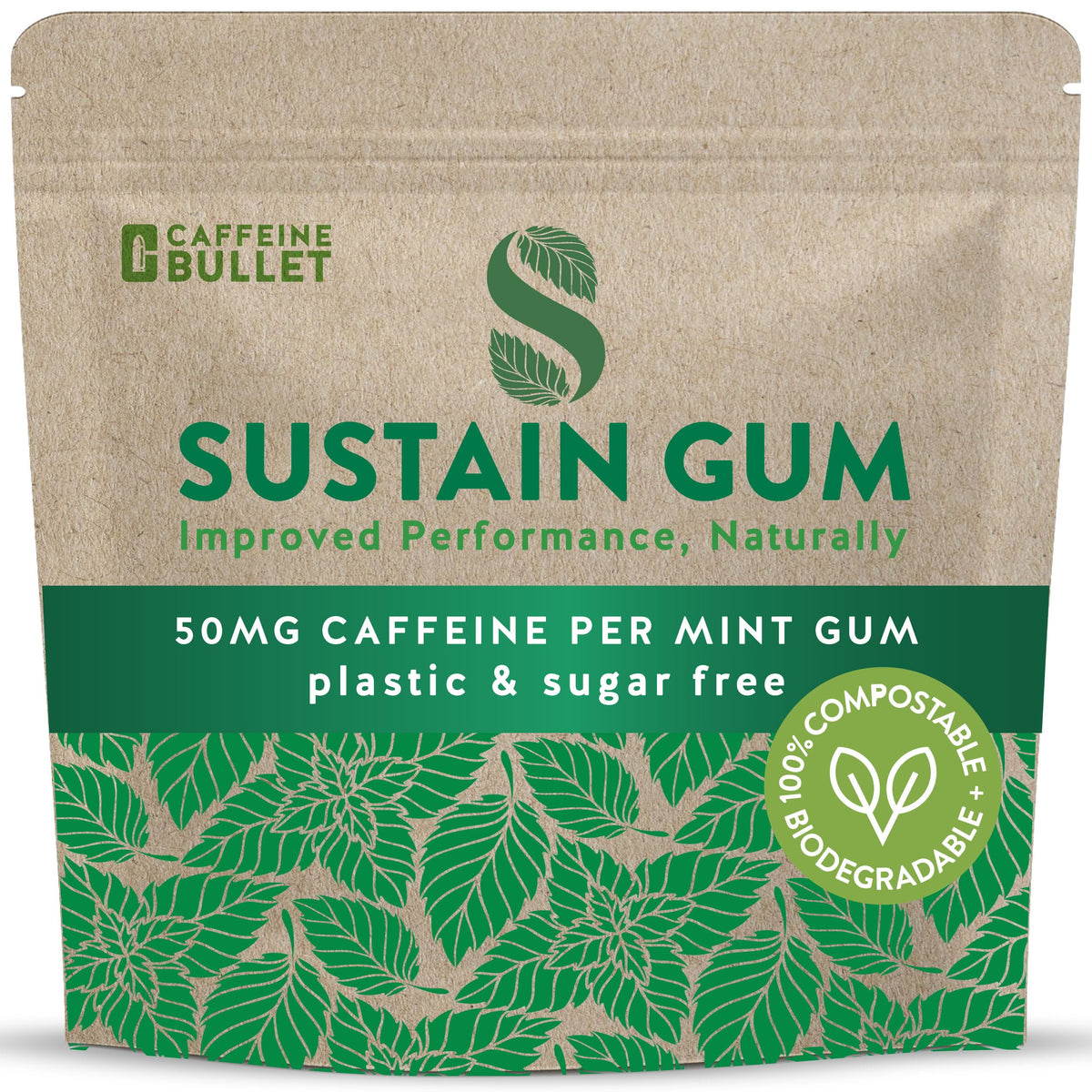 Caffeine Bullet Sustain Gum packaging highlights eco-friendly, plastic-free design for sustainable energy on the go.