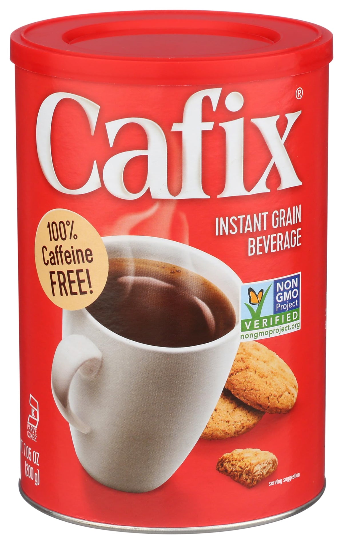 Cafix 7.05 oz tin close-up highlighting natural, non-GMO ingredients.