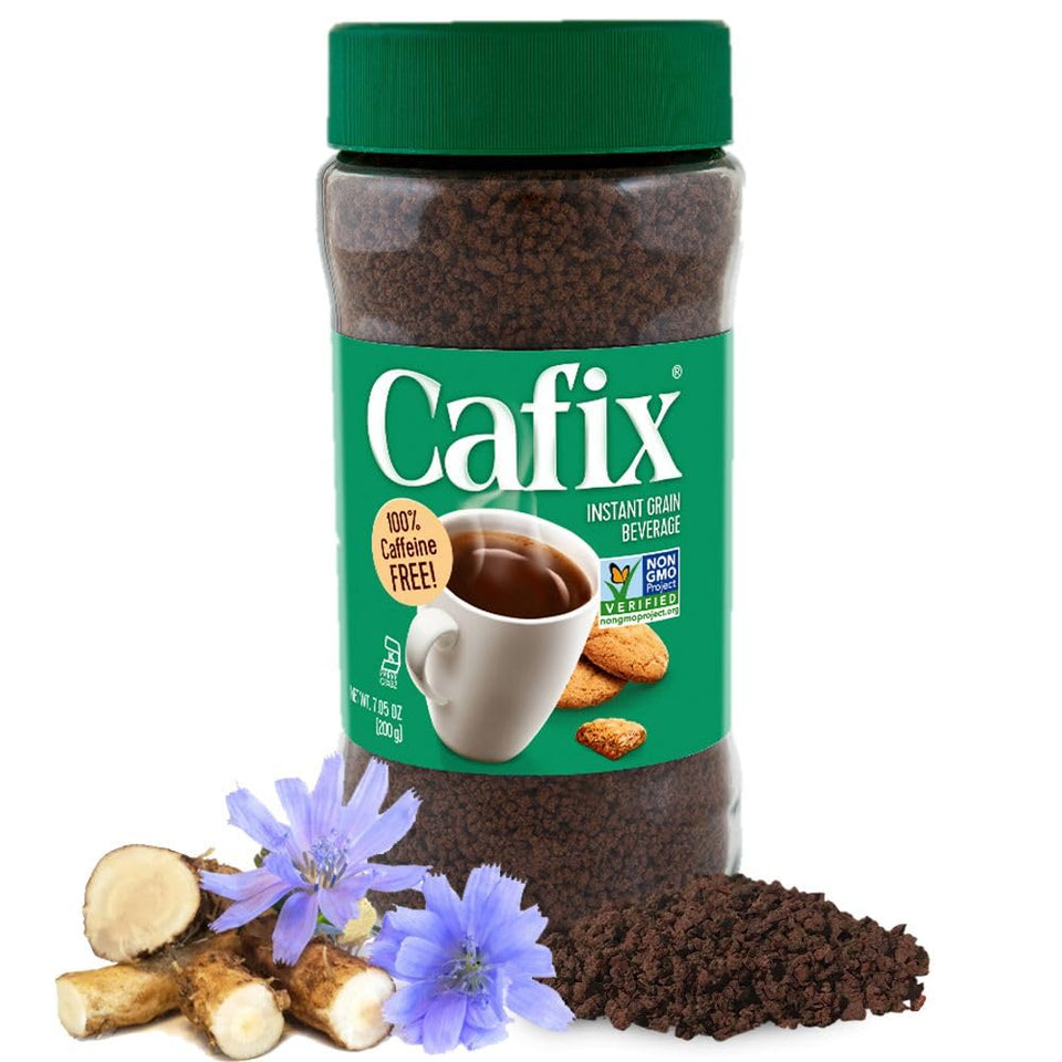 Cafix all-natural instant chicory coffee alternative in a jar for caffeine-free mornings.