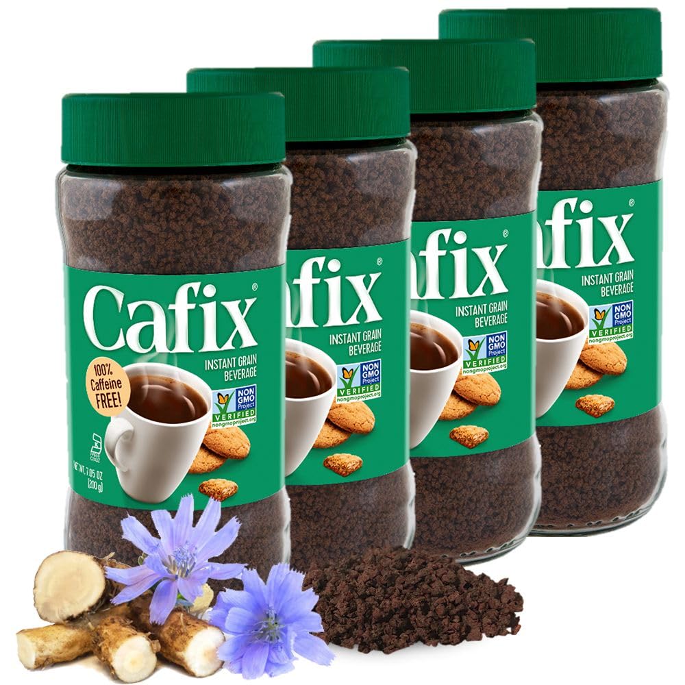 Cafix all-natural instant chicory coffee alternative in a jar, caffeine-free option for cozy mornings.