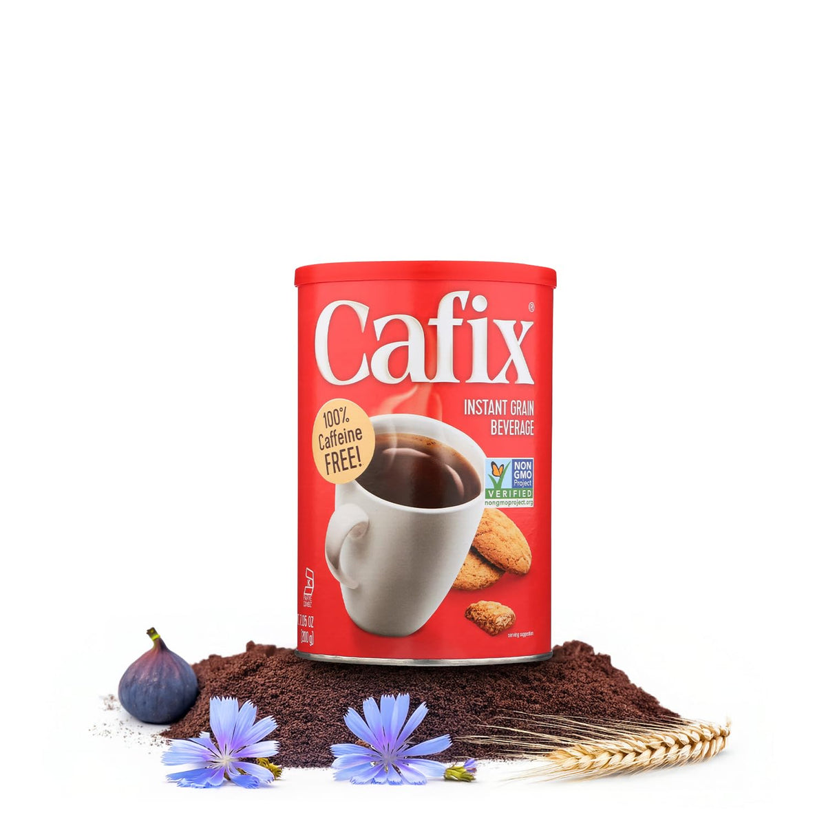 Cafix all-natural instant coffee substitute tin for rich caffeine-free aroma.