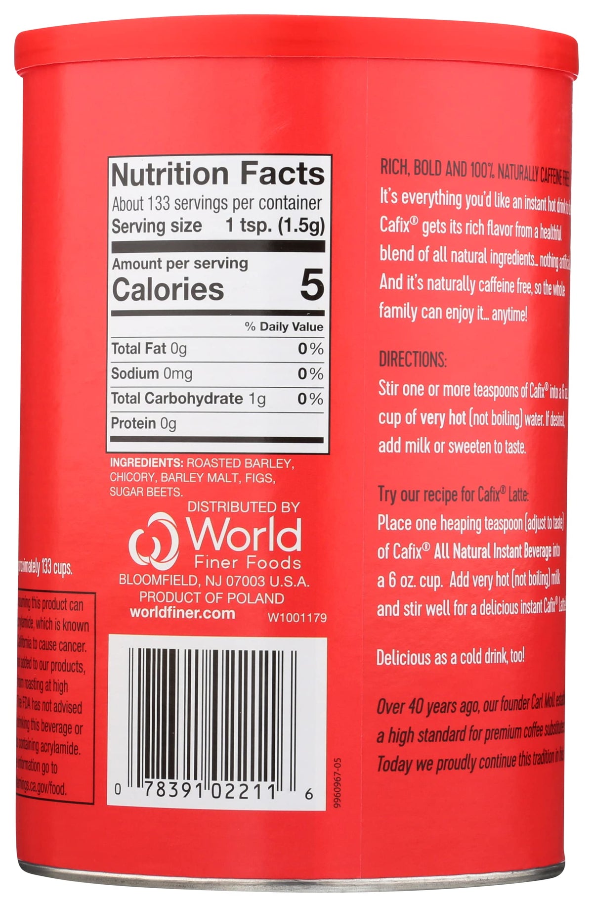 Cafix branding emphasizes caffeine-free indulgence and natural ingredients.