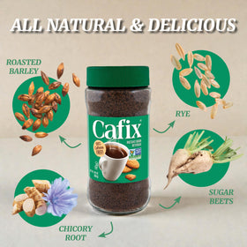 Non-GMO, kosher, all-natural Cafix ingredients arranged for visual emphasis.