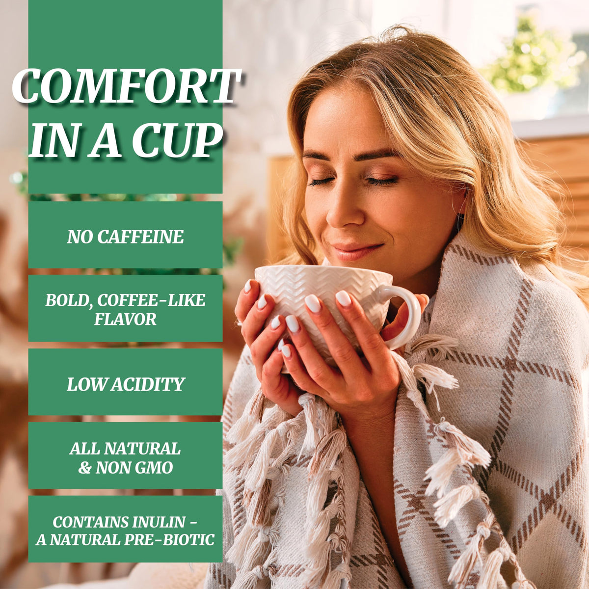 Cafix label close-up highlighting all-natural ingredients and caffeine-free promise.