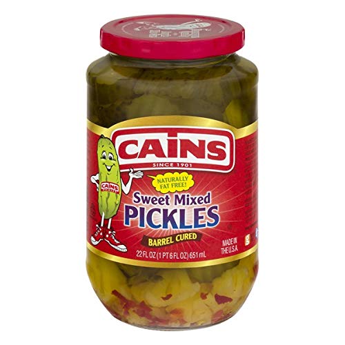 Cains Sweet Mixed Pickles jar showing crisp slices; great for sandwiches