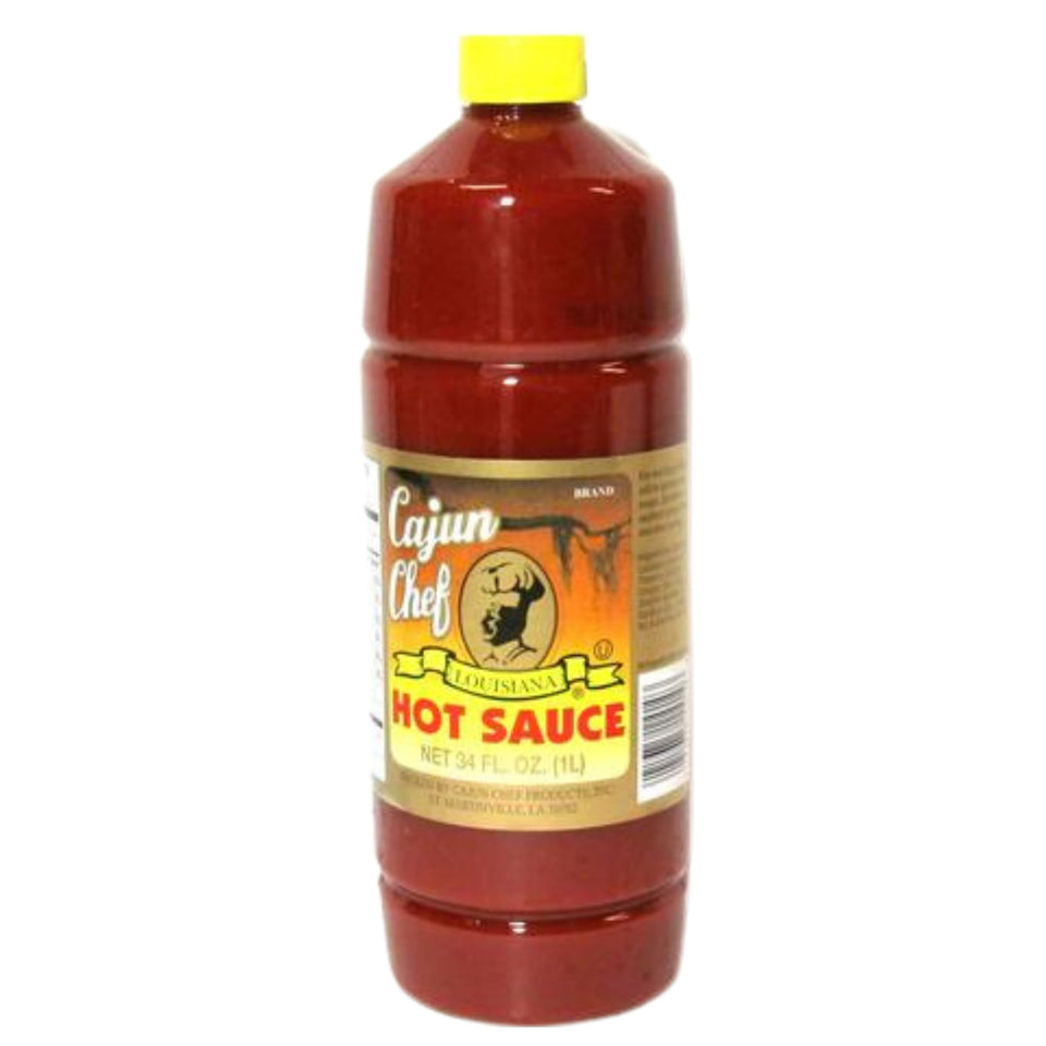 Cajun Chef hot sauce 34 oz bottle delivers bold Cajun flavor for every dish.