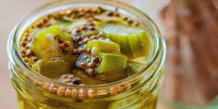 Cajun Chef pickled okra in Bloody Mary glass offers a briny bite