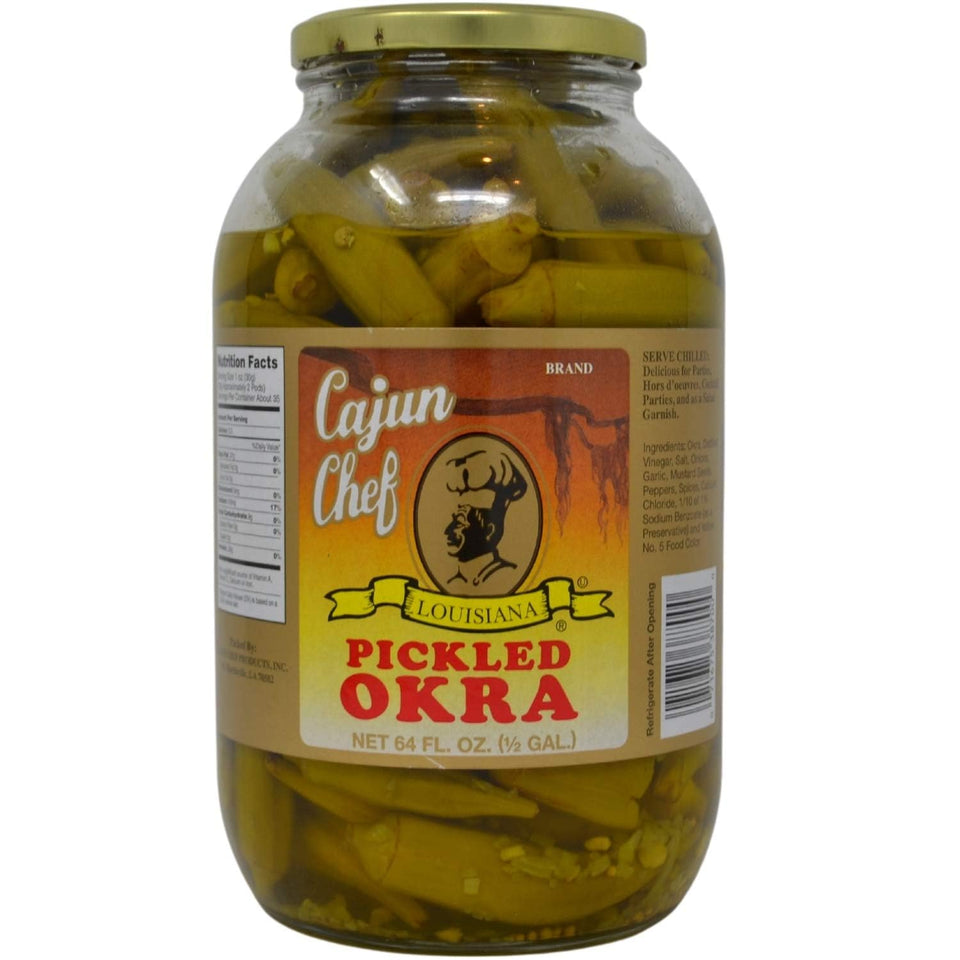 Cajun Chef pickled okra jar on shelf suggesting bold tangy garnish use