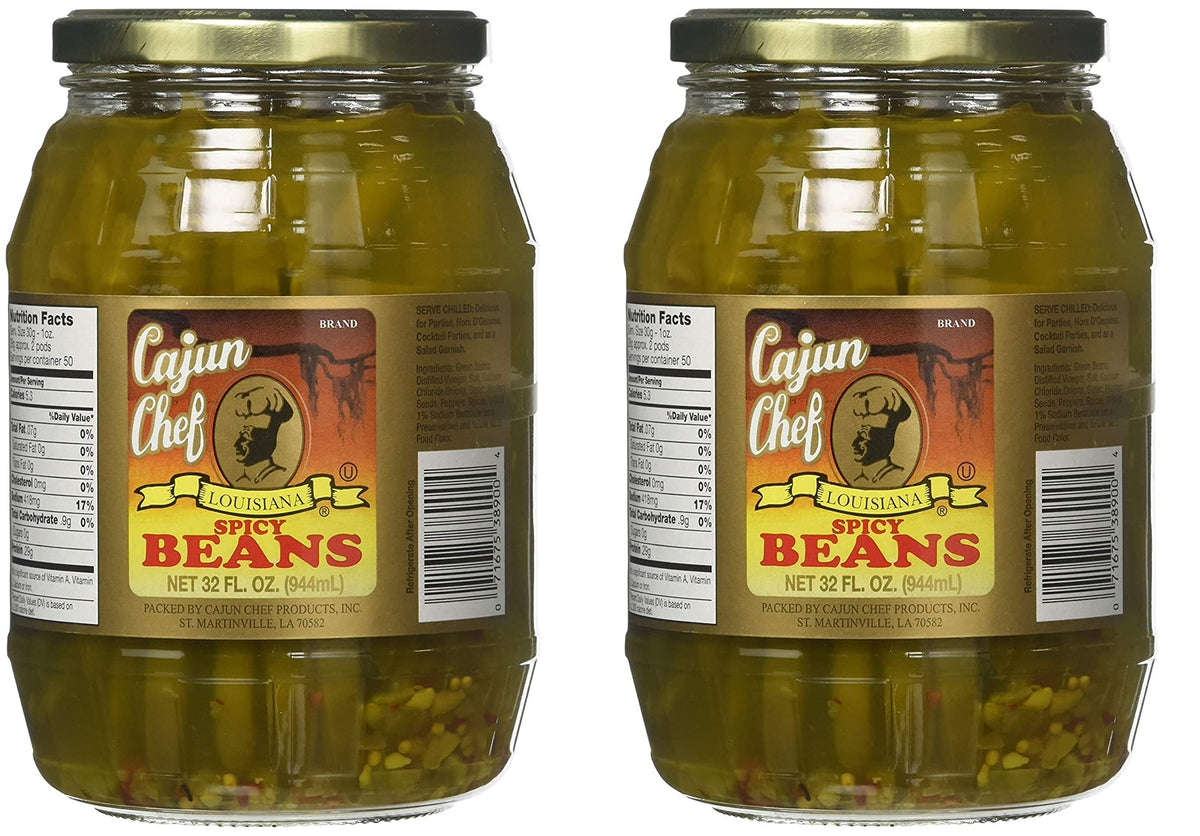 Cajun Chef spicy green beans in a 32 oz pack, ideal for cocktails and salads.
