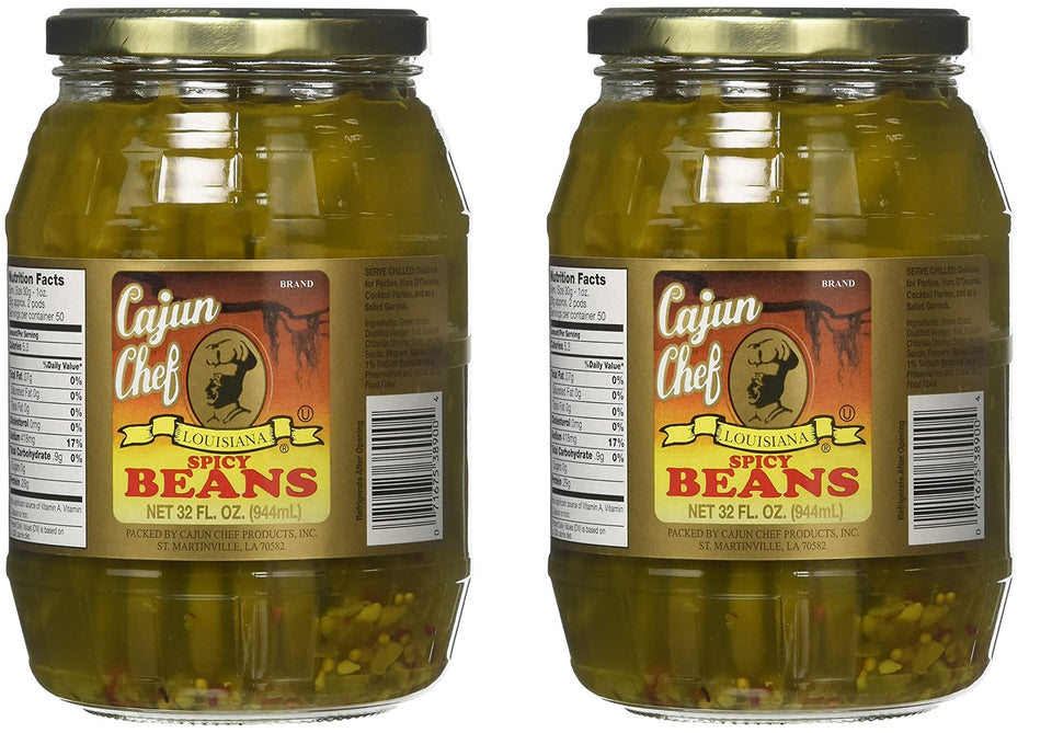Cajun Chef spicy green beans in a 32 oz pack, ideal for cocktails and salads.