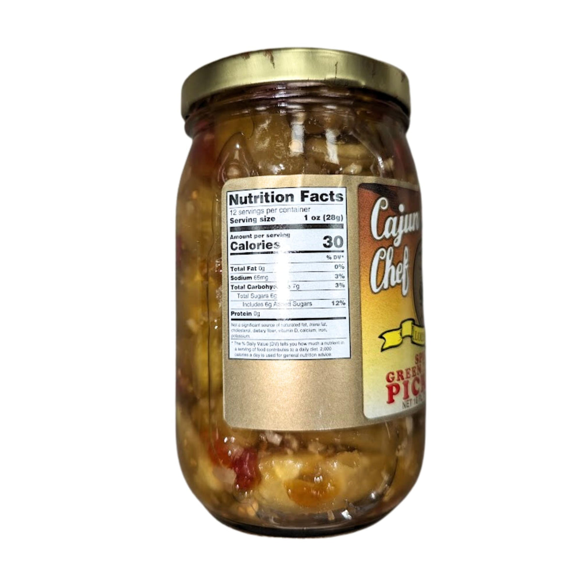 Cajun Chef spicy green tomato pickles in brine glass vivid ingredients visible