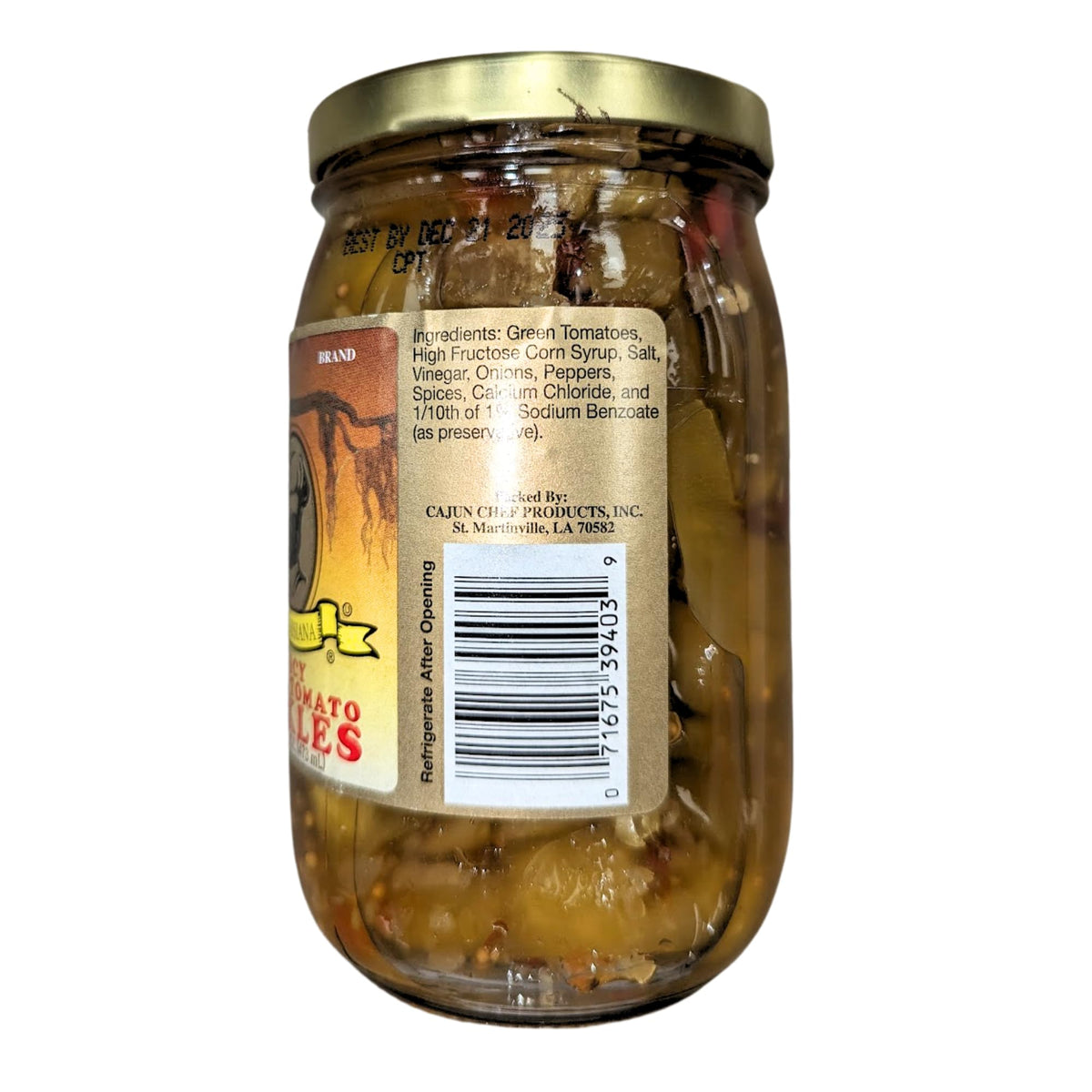 Cajun Chef spicy green tomato pickles ingredients list close-up fresh peppers and onions