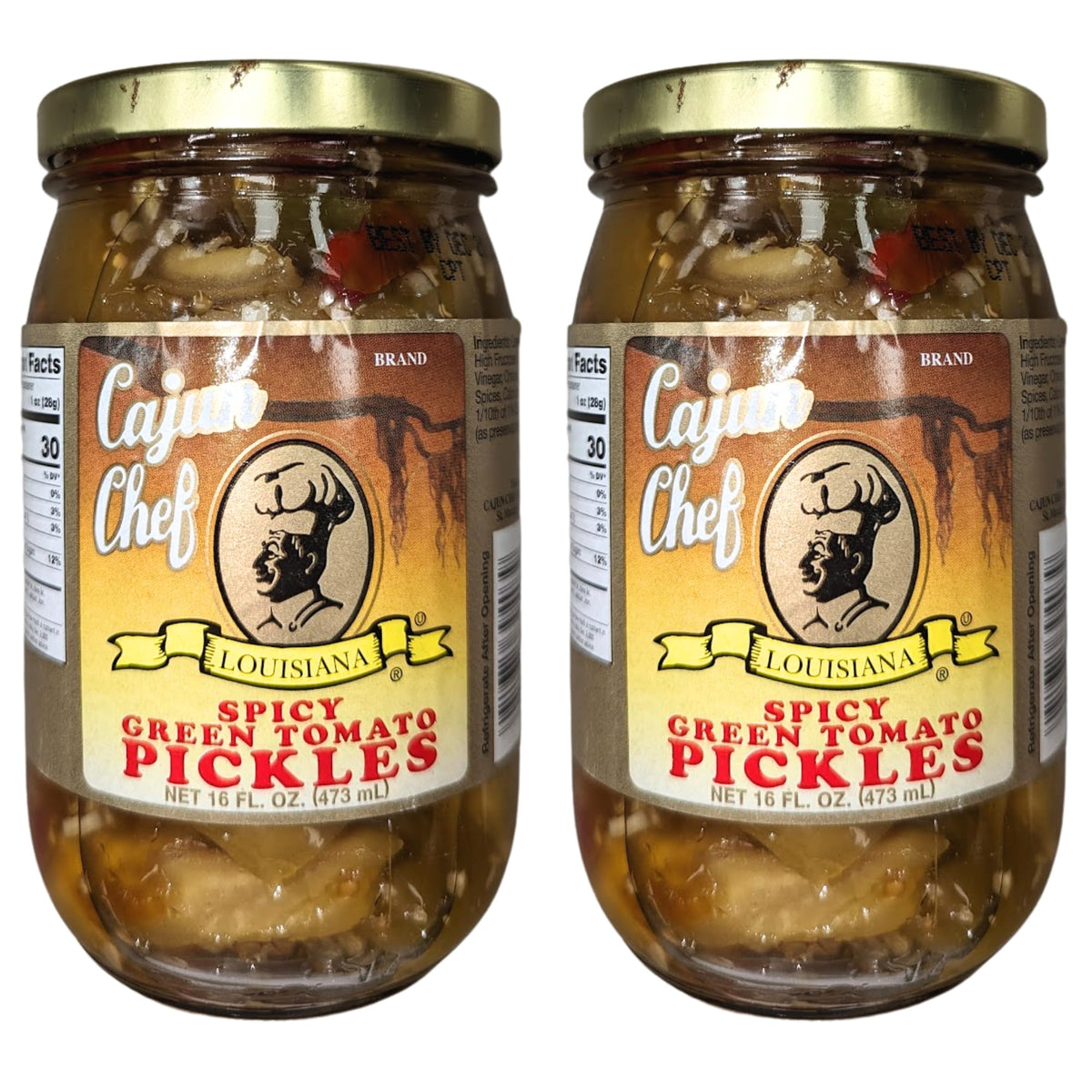 Cajun Chef spicy green tomato pickles pack front view highlighting bold flavor