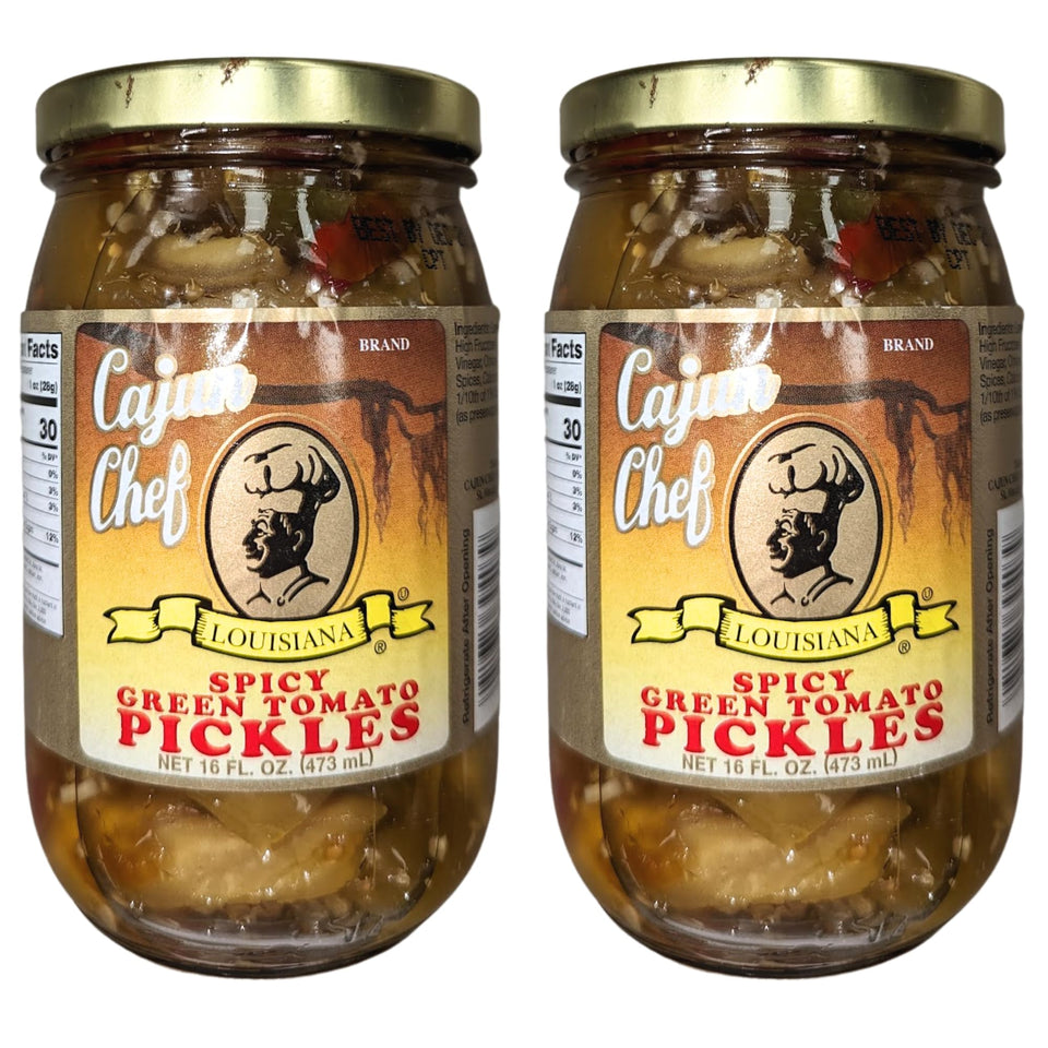 Cajun Chef spicy green tomato pickles pack front view highlighting bold flavor