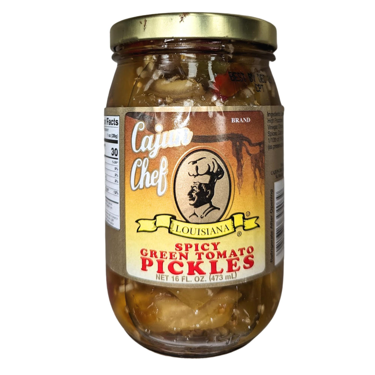 Cajun Chef spicy green tomato pickles jar side to emphasize texture and brine