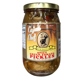 Cajun Chef spicy green tomato pickles jar side to emphasize texture and brine