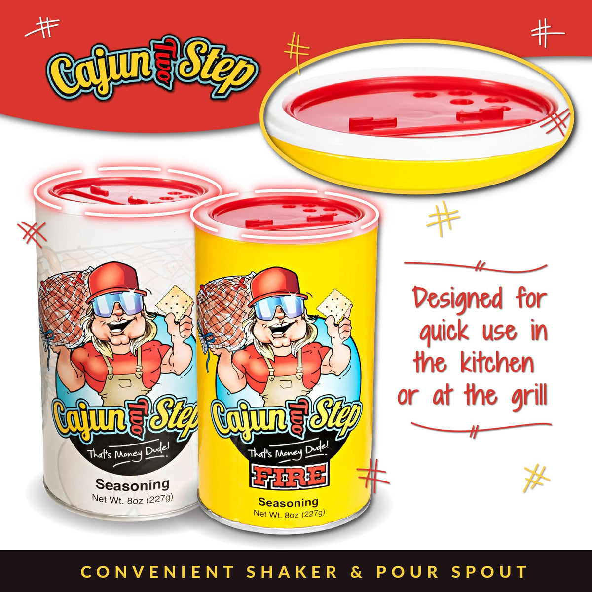 Cajun Two Step Fire Seasoning 8oz close-up highlighting bold heat.