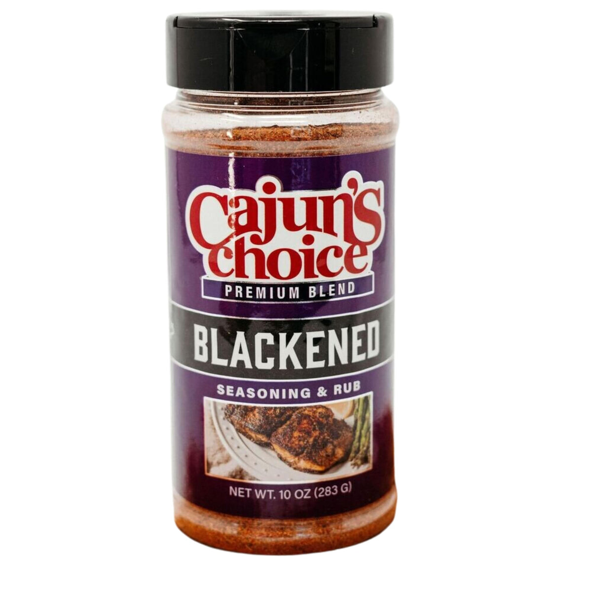 Cajun's Choice Blackened Seasoning front view jar reveals bold Louisiana flavor for versatile cooking.
