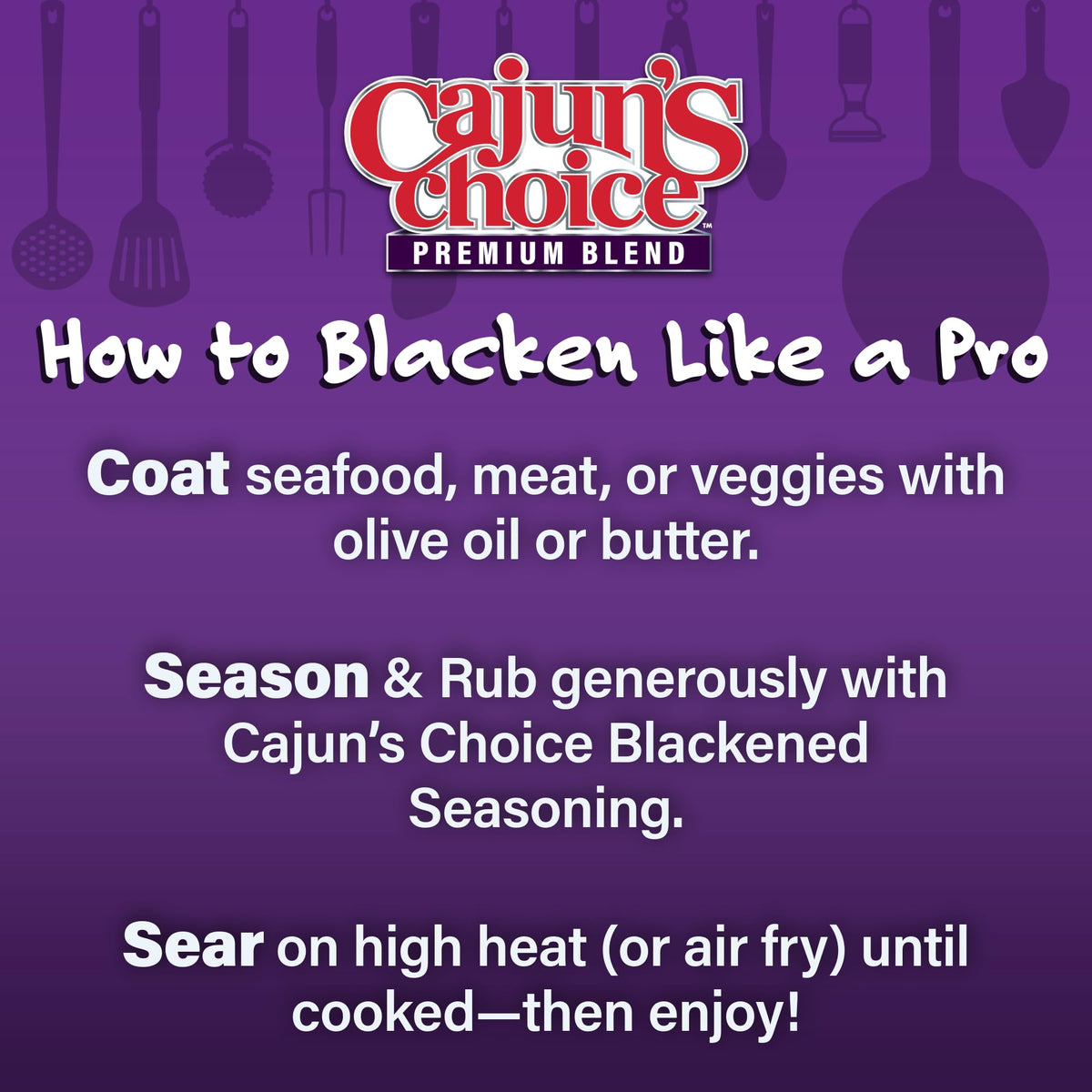 Cajun's Choice Blackened Seasoning label closeup highlights authentic spice blend and high heat potential.