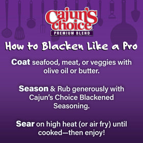 Cajun's Choice Blackened Seasoning label closeup highlights authentic spice blend and high heat potential.