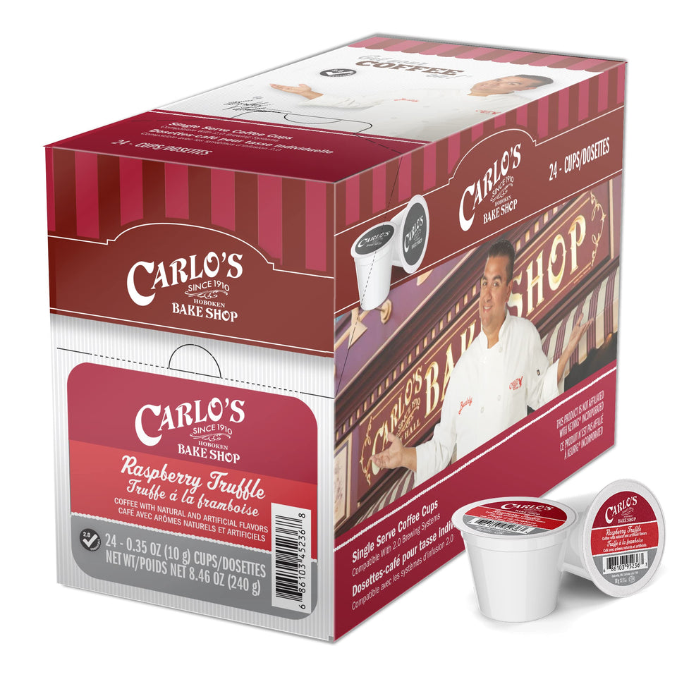 Cake Boss Raspberry Truffle coffee packaging highlights premium flavor and packaging.