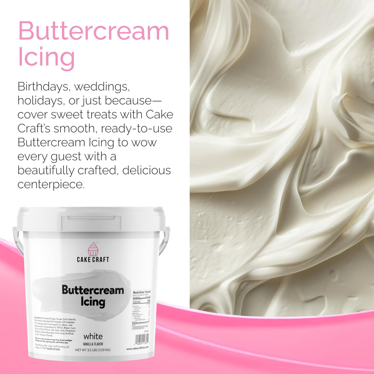 Cake Craft Buttercream icing has a creamy finish ideal for spreading and filling