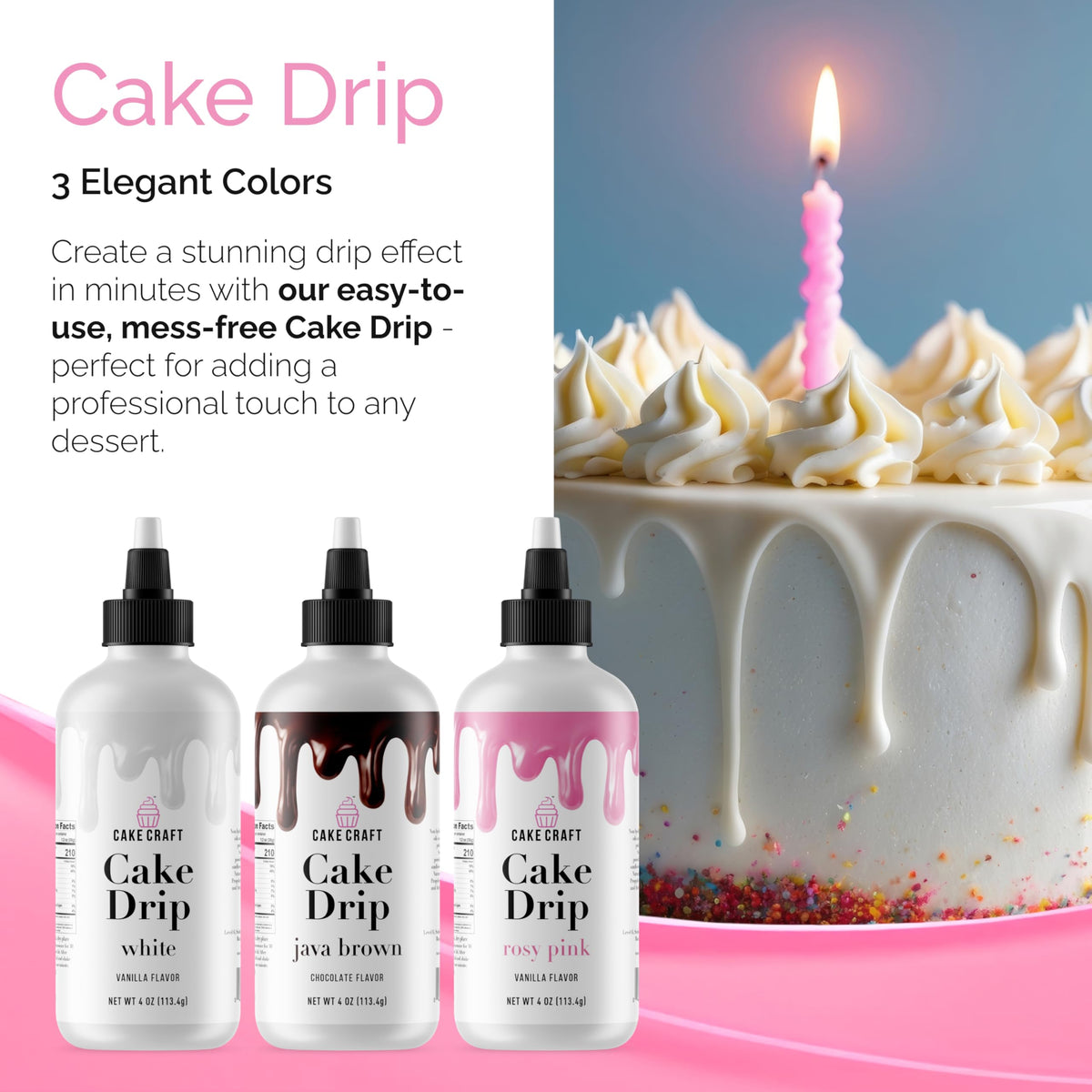 Cake Craft Rosy Pink bottle adds vibrant color for festive cake accents