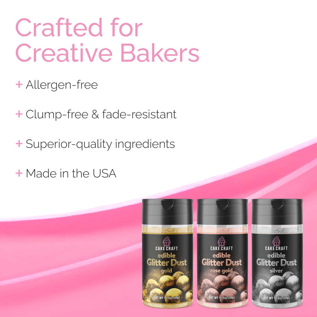 Cake Craft Edible Glitter Dust dazzles cakes with easy dusting on frosting.