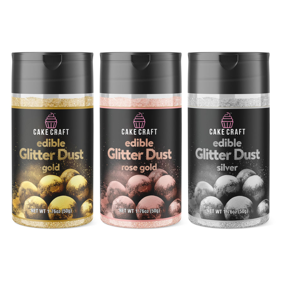 Cake Craft Edible Glitter Dust gold pack adds vibrant shimmer to cakes.