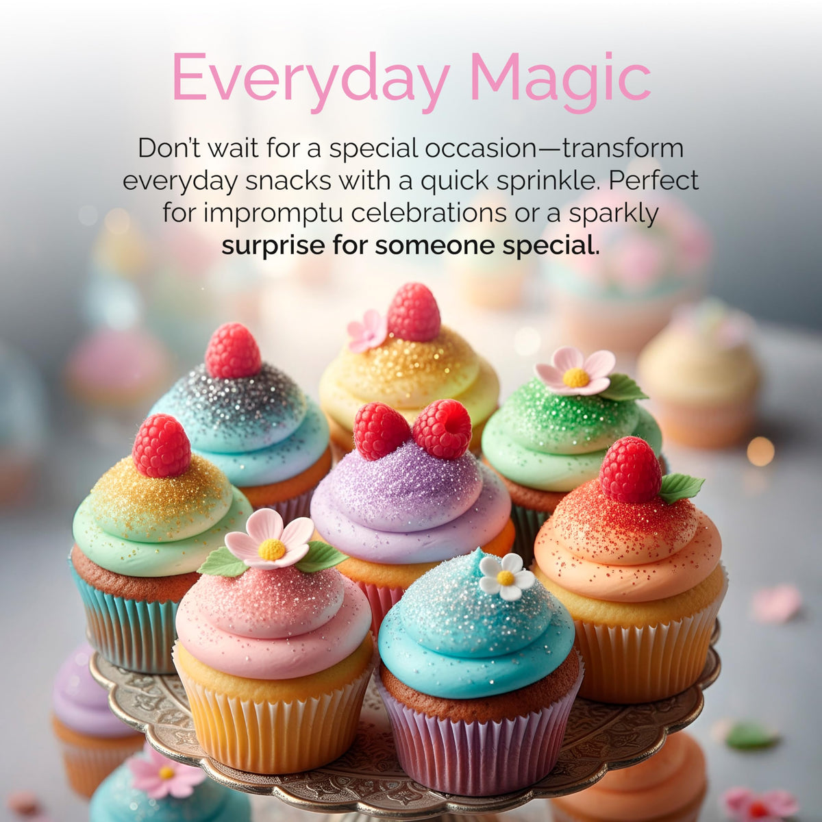 Cake Craft Edible Glitter Dust sparkles cupcakes with smooth metallic finish.