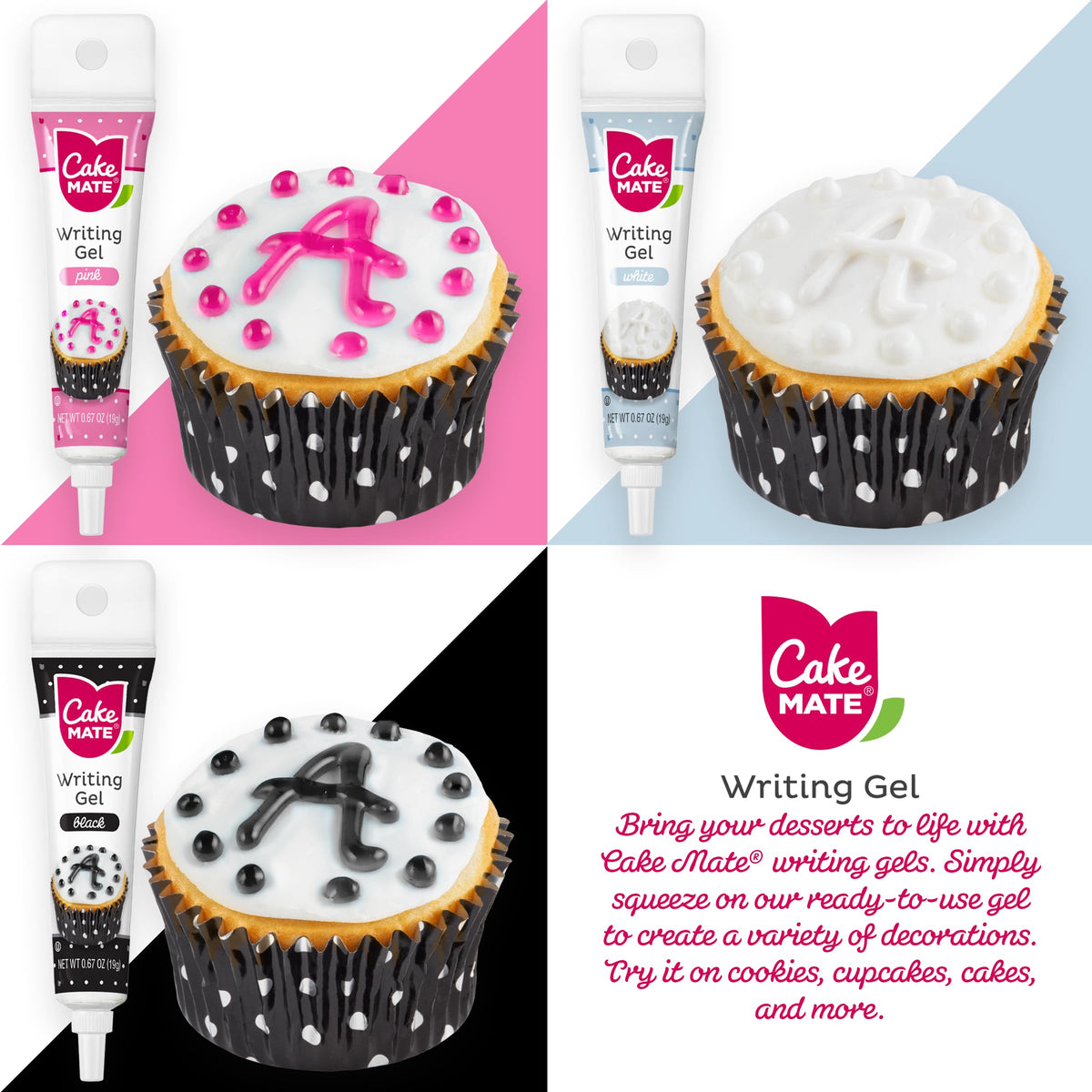 Cake Mate green edible writing gel for bright cupcake decorations.