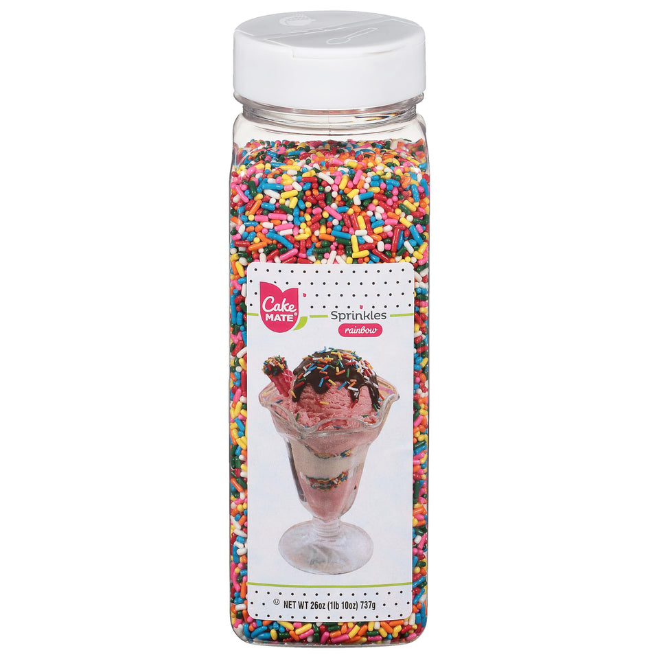 Cake Mate dessert sprinkles with easy pour lid in rainbow color for mess-free decorating