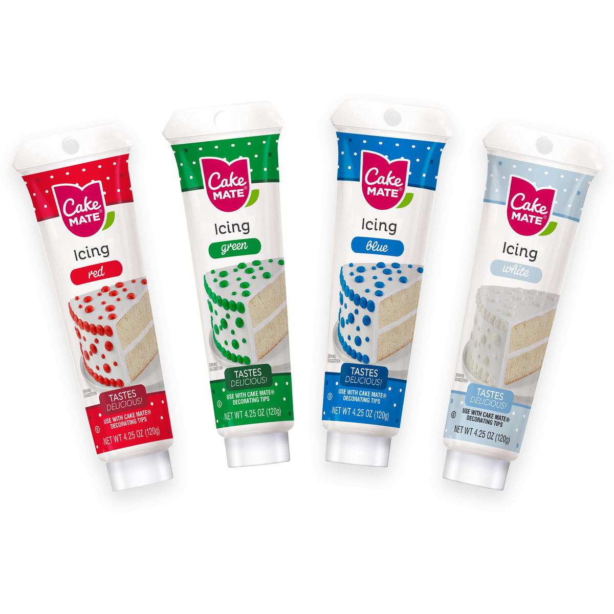 Cake Mate holiday icing blue tube for bright, precise decorations on cakes and cookies.