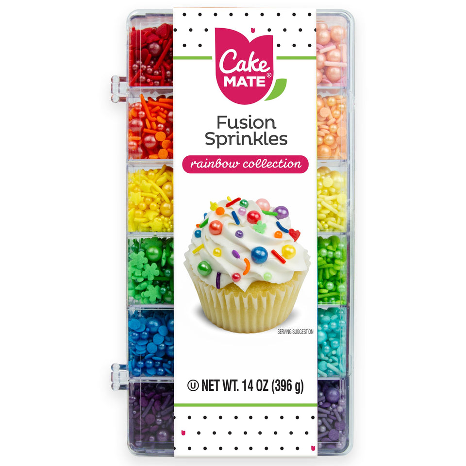 Cake Mate Rainbow Fusion Sprinkles divided container showing organized color families for easy decorating.