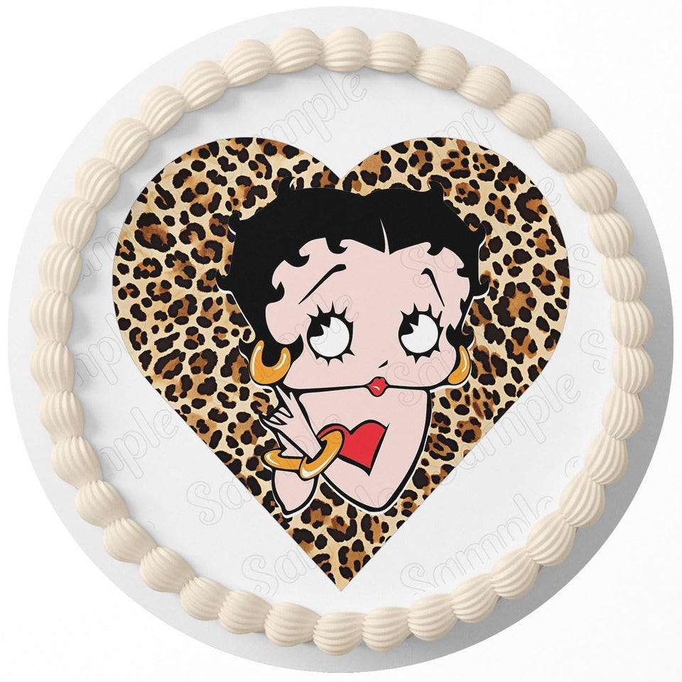 Cakecery Betty Leopard Boop Heart edible topper on a round cake; vibrant and food-safe.