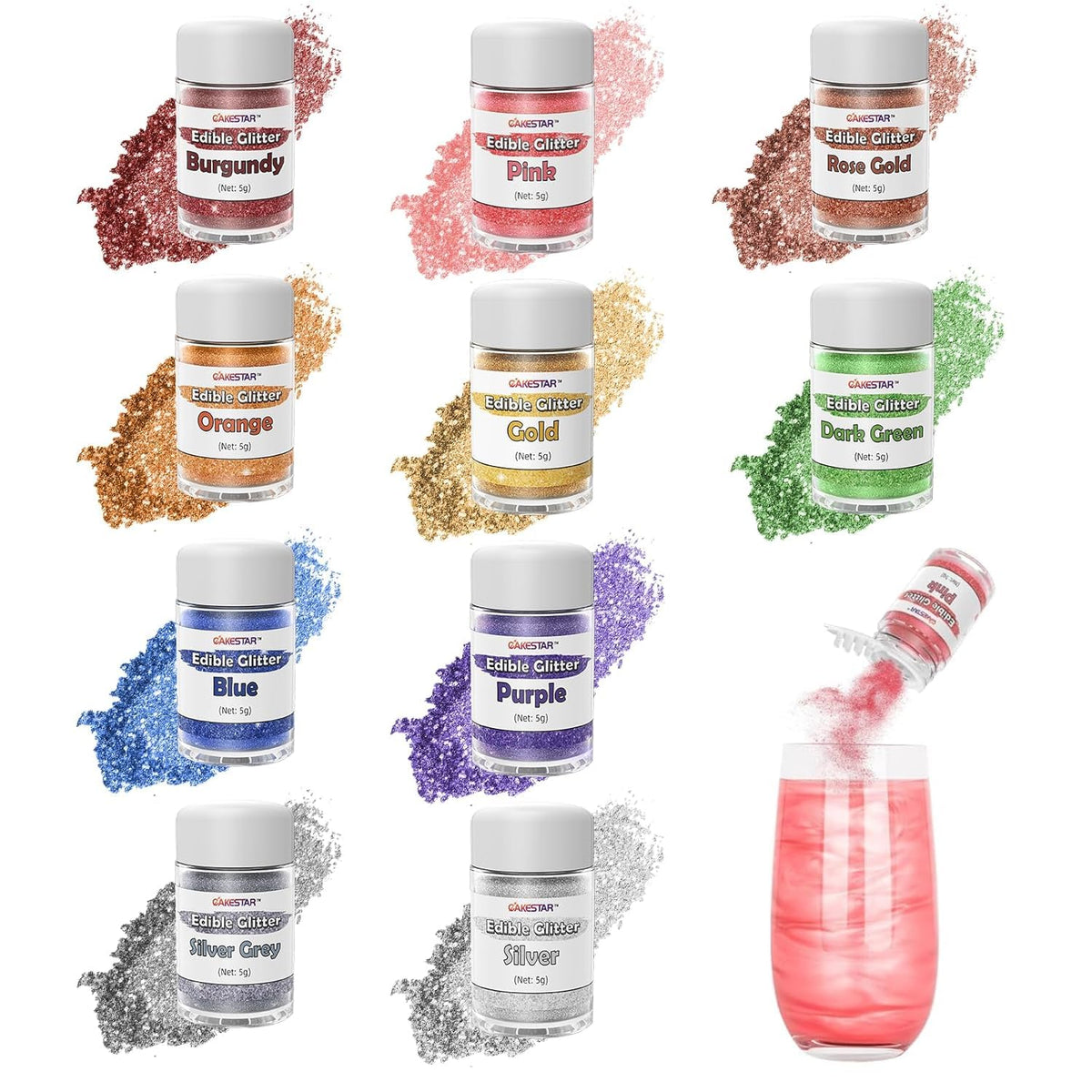 CAKESTAR edible glitter for cocktails in 10 colors adds eye-catching shimmer to drinks.