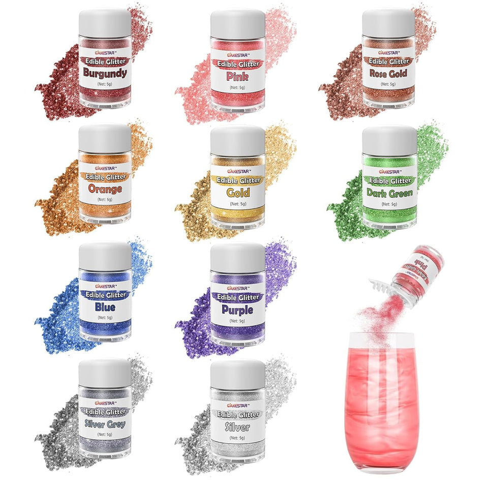 CAKESTAR edible glitter for cocktails in 10 colors adds eye-catching shimmer to drinks.
