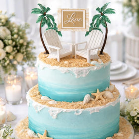 CakeSupplyShop Celebrations white Adirondack chairs crowning a beach-themed cake