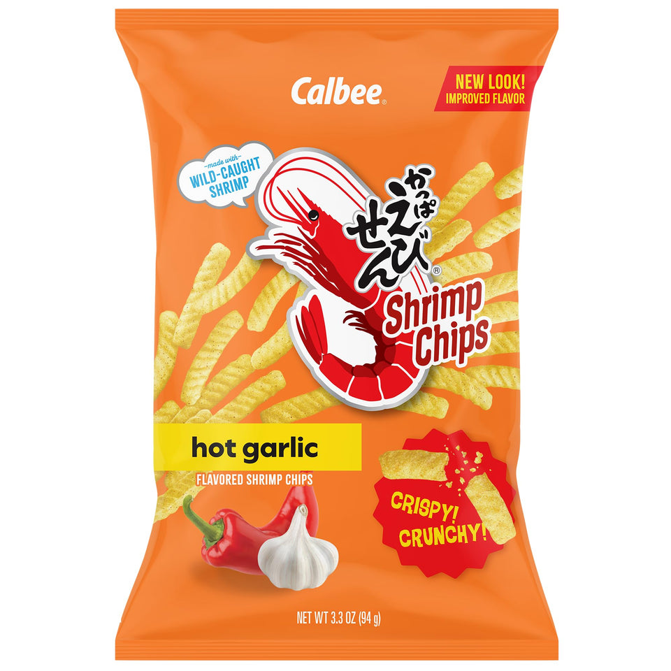 Calbee Baked Shrimp Chips Hot Garlic packshot highlighting bold flavor and lighter baked texture