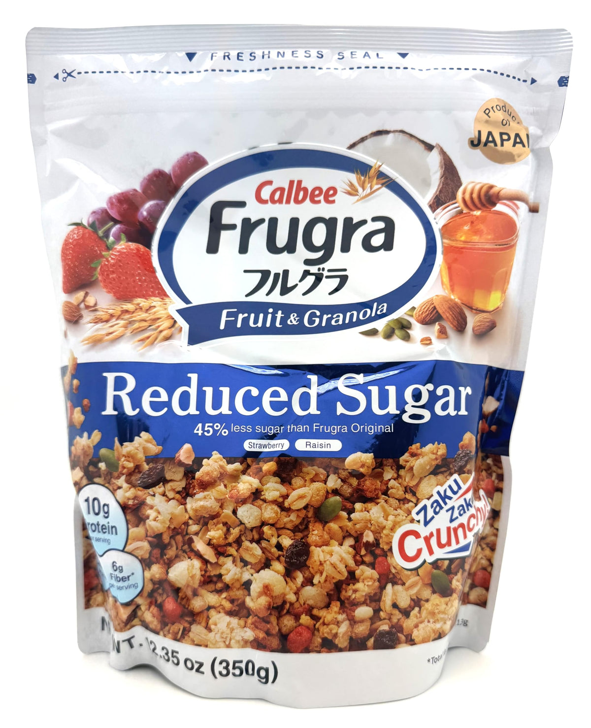 Calbee Frugra almond flakes pumpkin seeds close-up for texture.