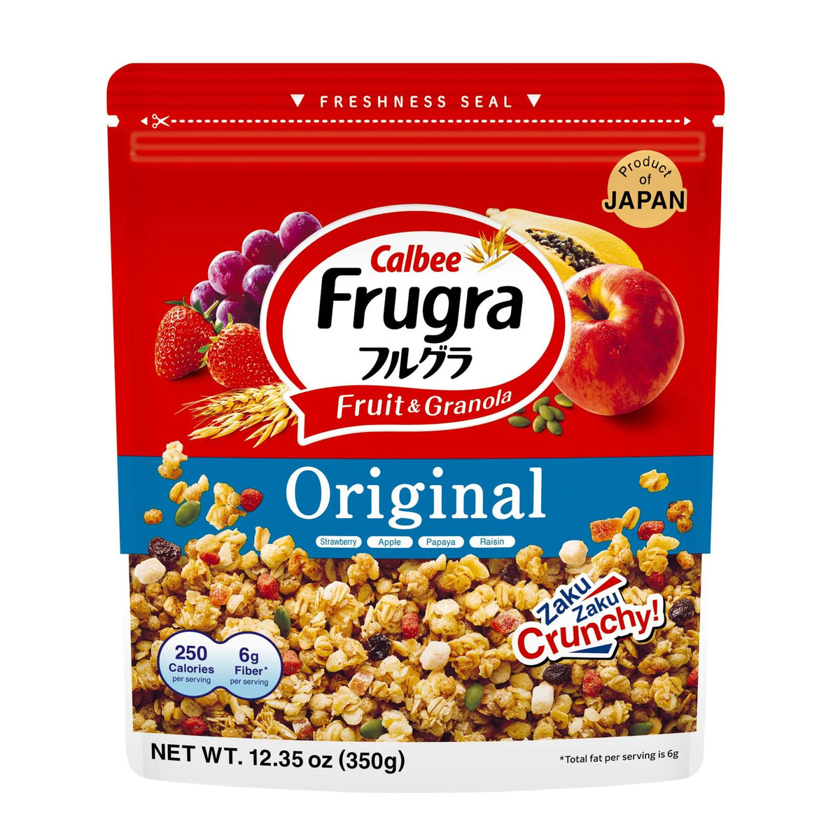 Calbee Frugra Original granola crunch with nuts and dried fruits for a satisfying bite.