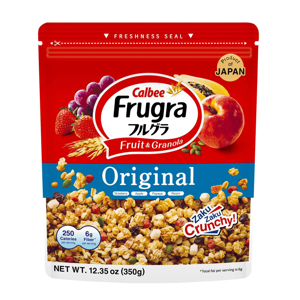 Calbee Frugra Original granola crunch with nuts and dried fruits for a satisfying bite.