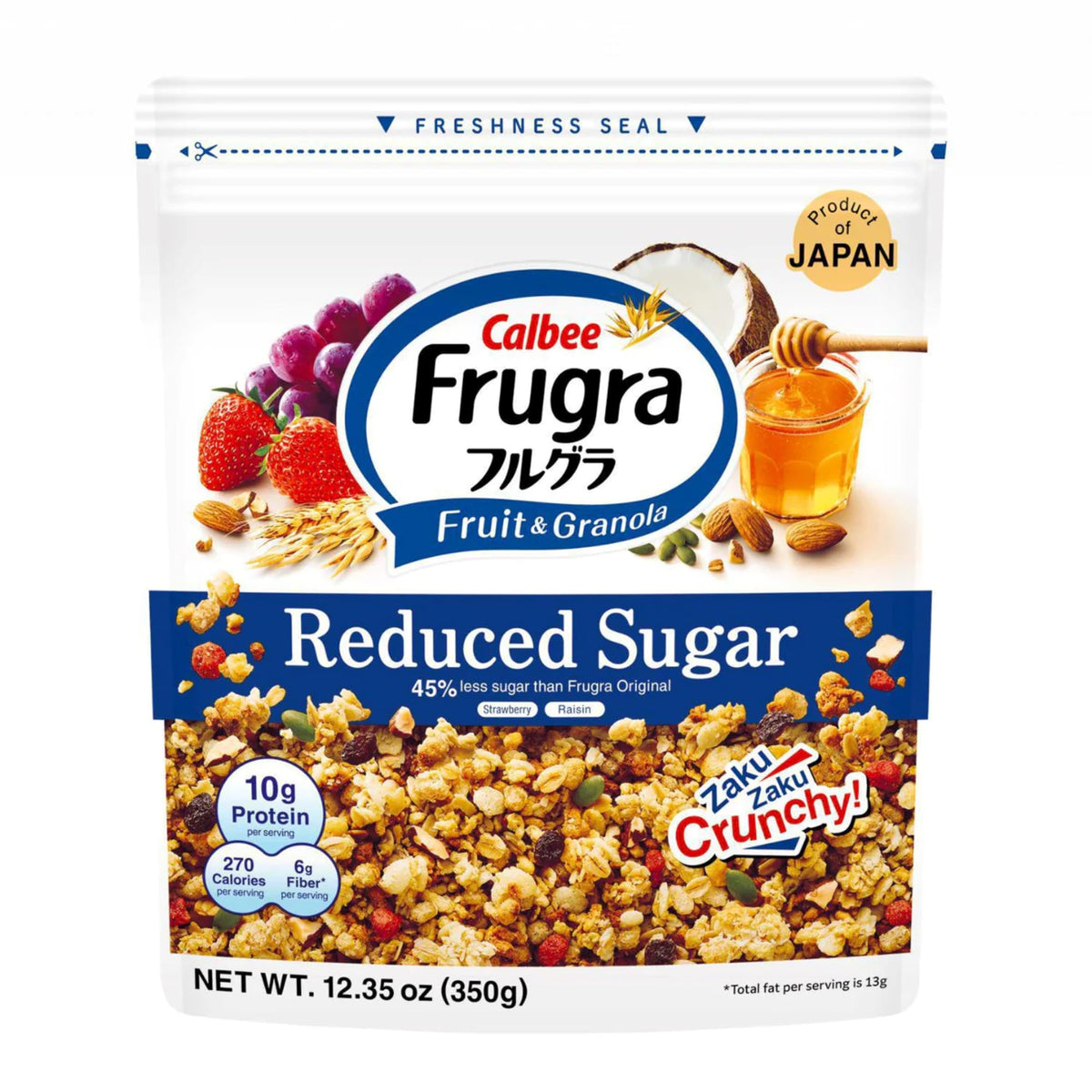 Calbee Frugra granola bowl with reduced sugar for a crunchy fruit snack.