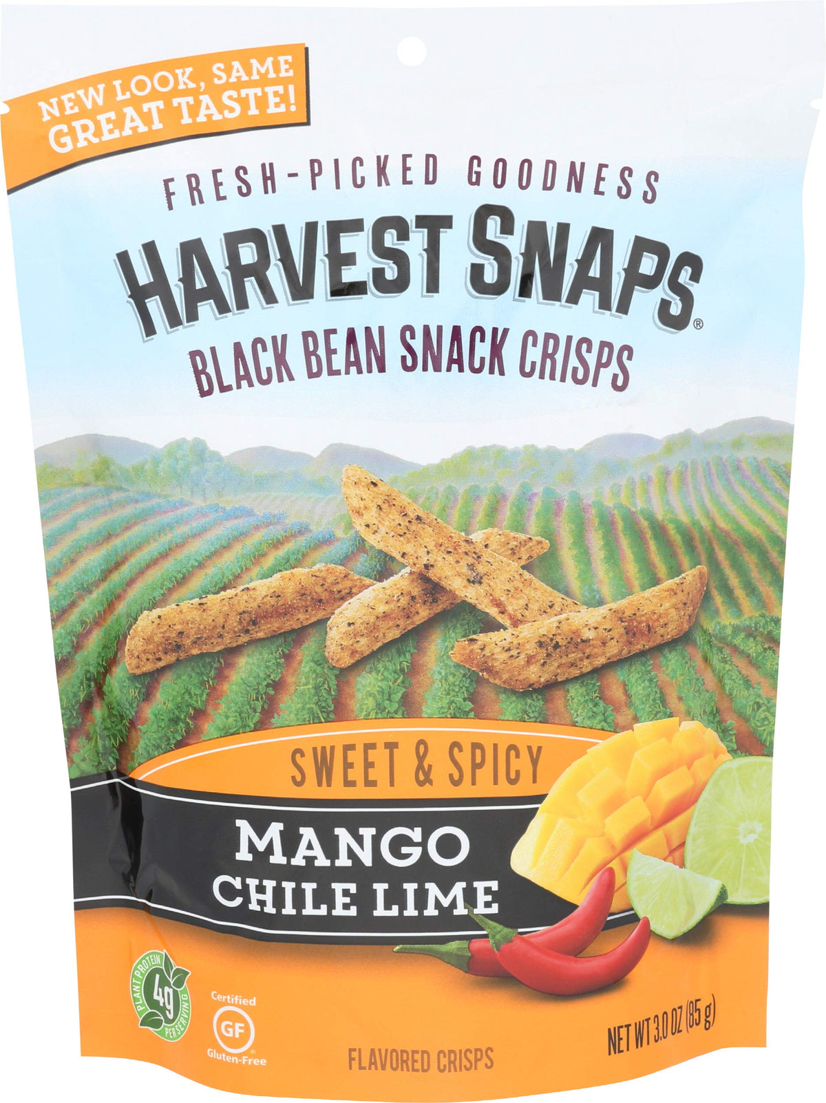 Calbee Harvest Snaps Mango Chile Lime bag front, ready for on-the-go snacking