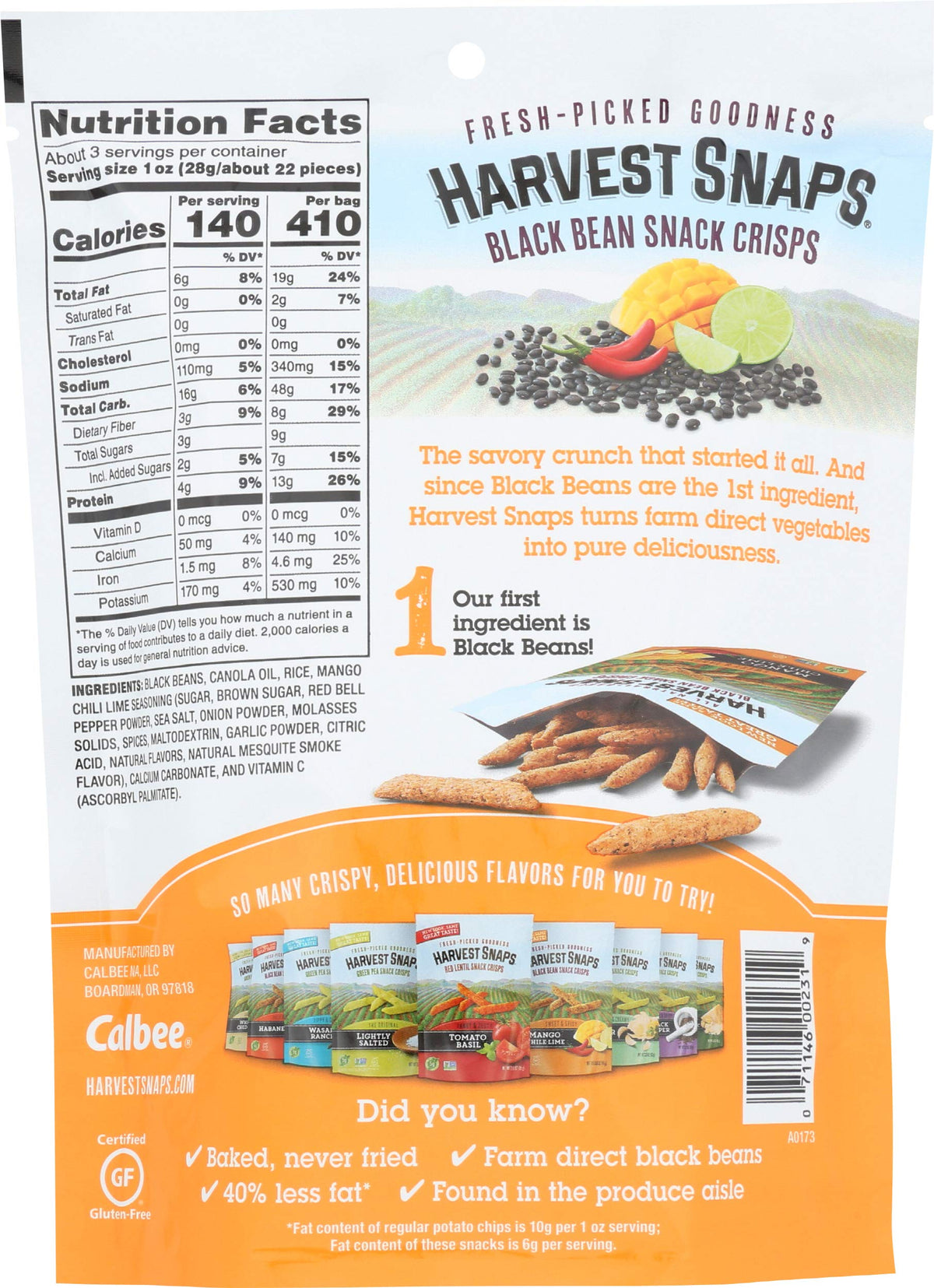 Calbee Harvest Snaps Mango Chile Lime bag side view, convenient lunch snack